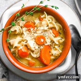 A vibrant bowl of Leftover Turkey Noodle Soup.