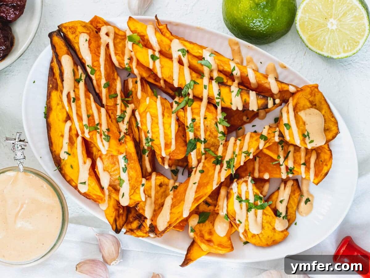 Smoky Chipotle Sauce 10 Chipotle sauce drizzled over roasted sweet potato wedges, a delightful combination.