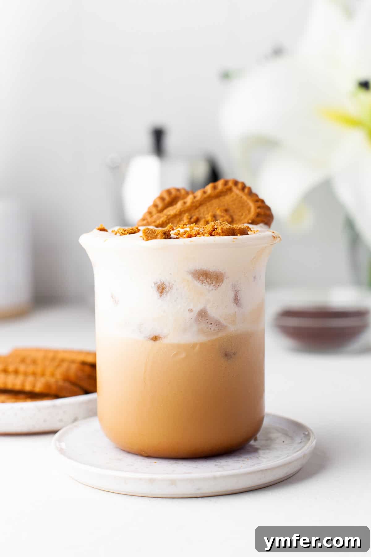 Spiced Biscoff Cookie Butter Latte 2 Iced Cookie Butter Latte with fluffy cold foam, garnished with crumbled Biscoff cookies on a rustic background.
