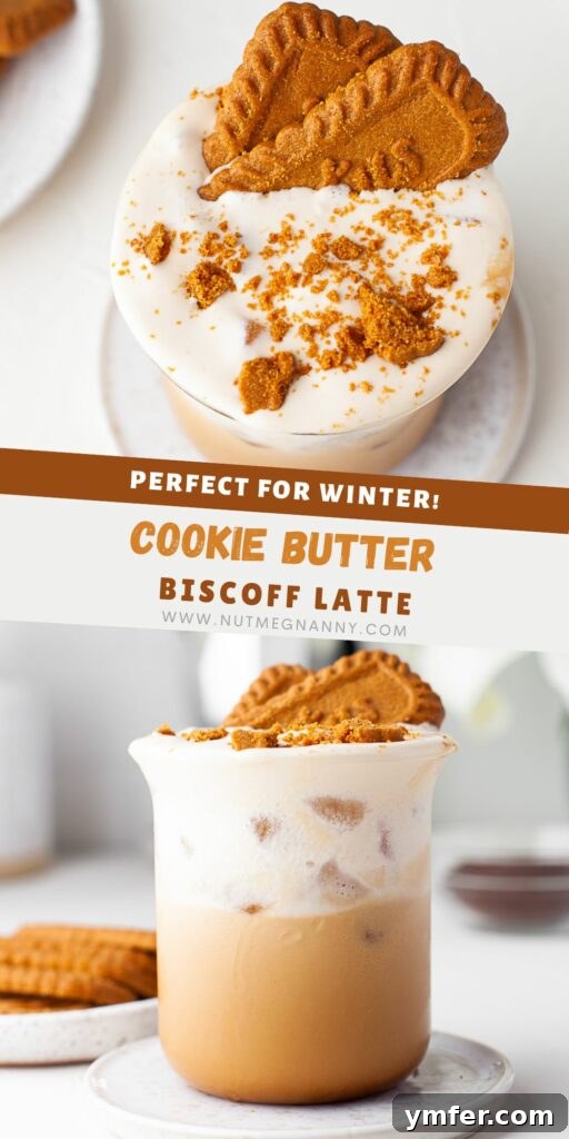Spiced Biscoff Cookie Butter Latte 12 Pinterest graphic for Cookie Butter Latte recipe.