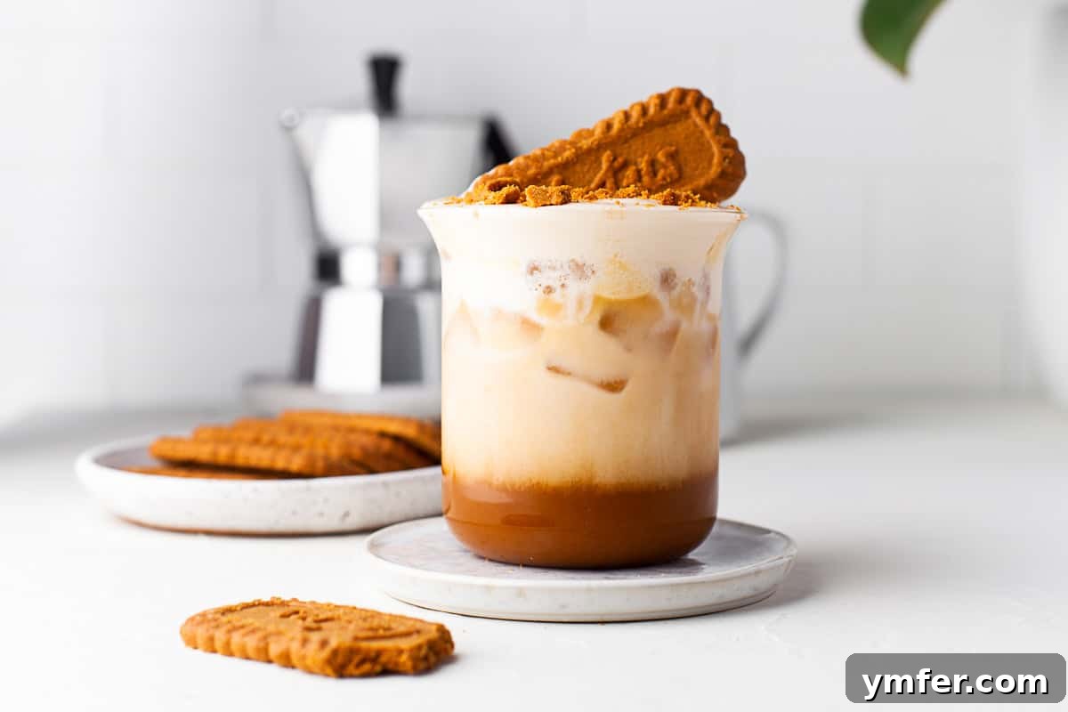 Spiced Biscoff Cookie Butter Latte 9 Overhead shot of a Cookie Butter Latte in a glass, with Biscoff cookies on the side.