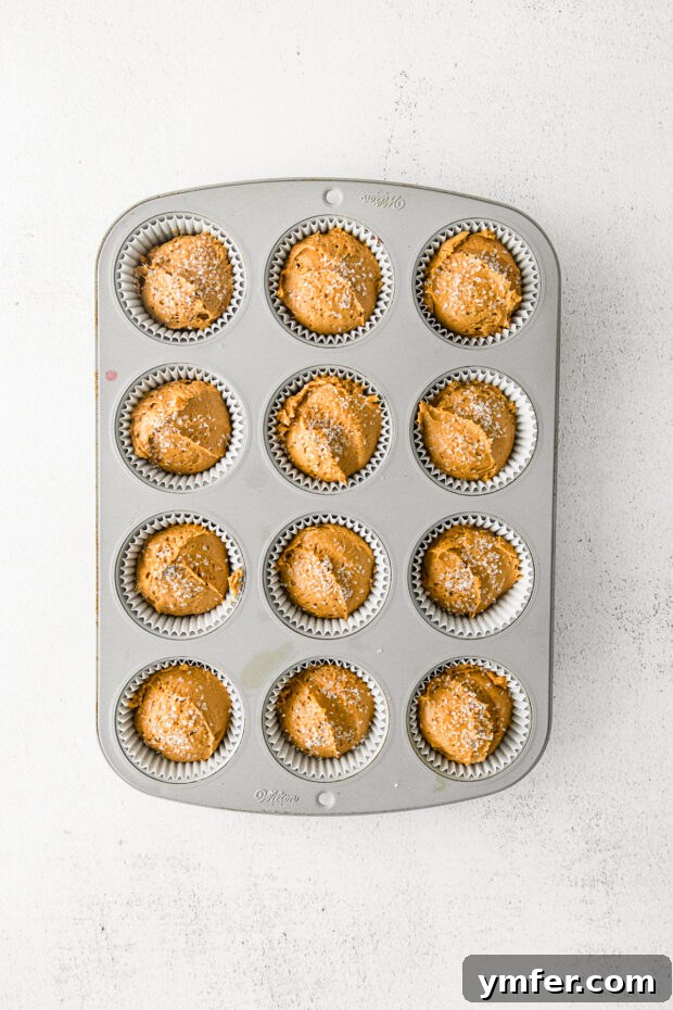 Spiced Molasses Muffins 4 Uncooked gingerbread muffin batter neatly filled into paper liners in a baking tin, ready for the oven.