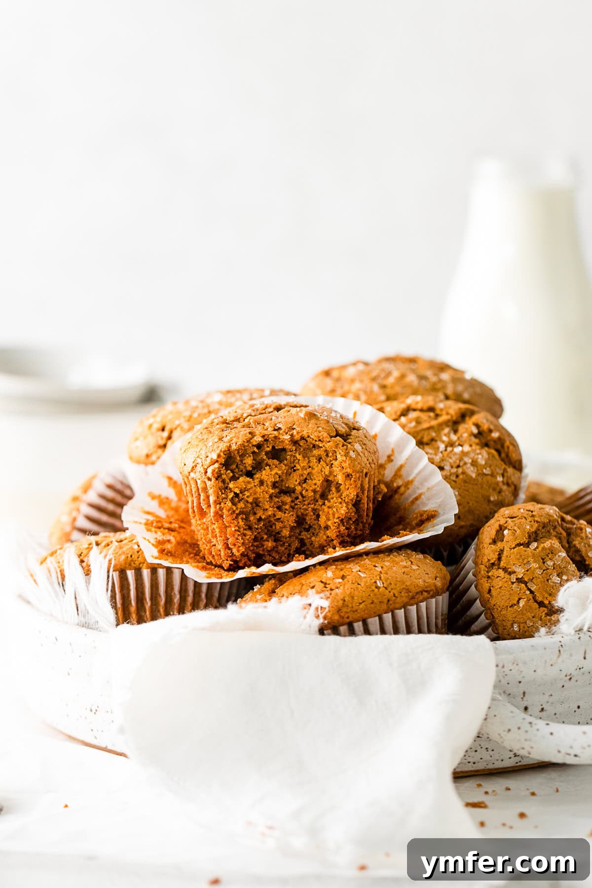Spiced Molasses Muffins 6 A freshly baked gingerbread muffin with a bite taken out, revealing its moist and tender crumb.