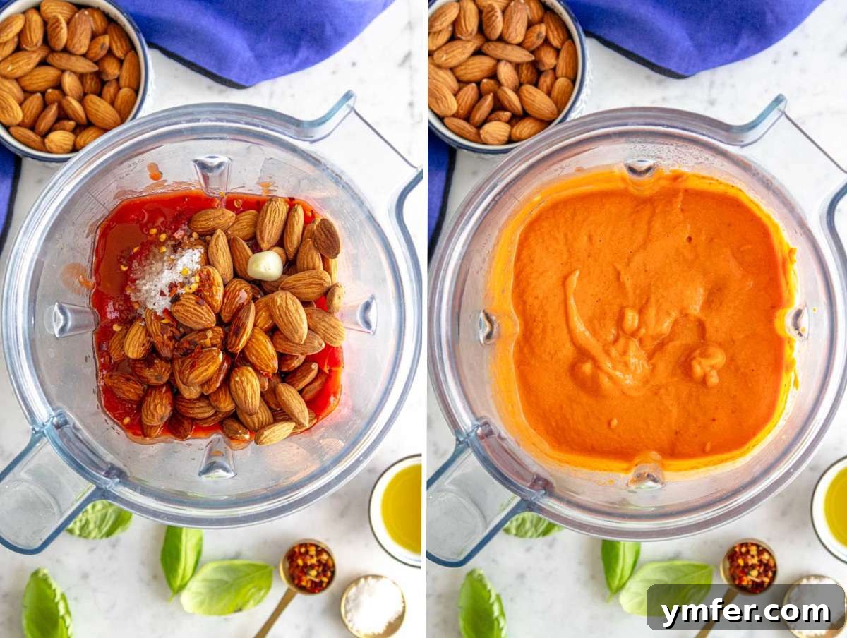 Vibrant Red Pepper Pasta 5 Step 1: Ingredients for red pepper sauce being blended in a high-speed blender, creating a smooth, vibrant mixture.