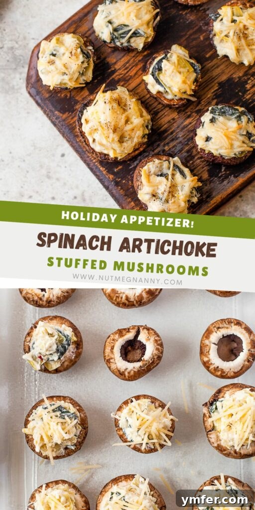 Cheesy Spinach Artichoke Stuffed Mushroom Caps 12 Spinach Artichoke Stuffed Mushrooms pin for Pinterest.