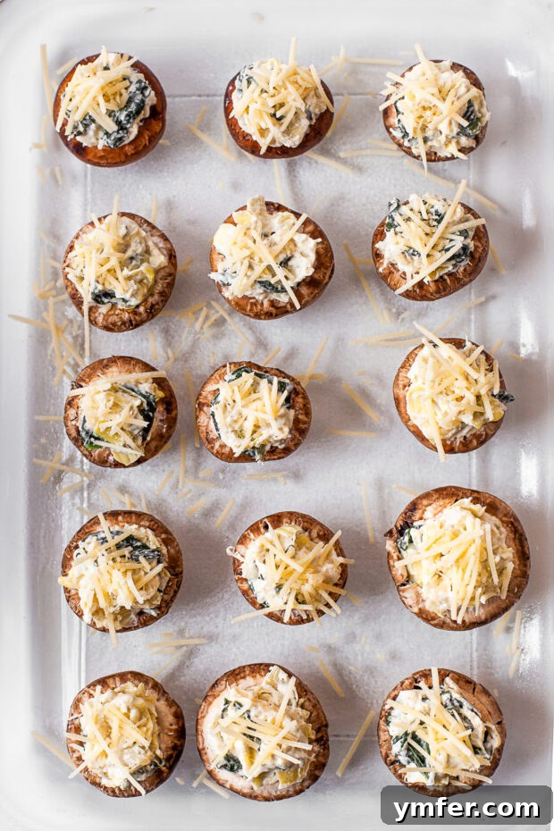 Cheesy Spinach Artichoke Stuffed Mushroom Caps 7 Uncooked stuffed mushrooms.