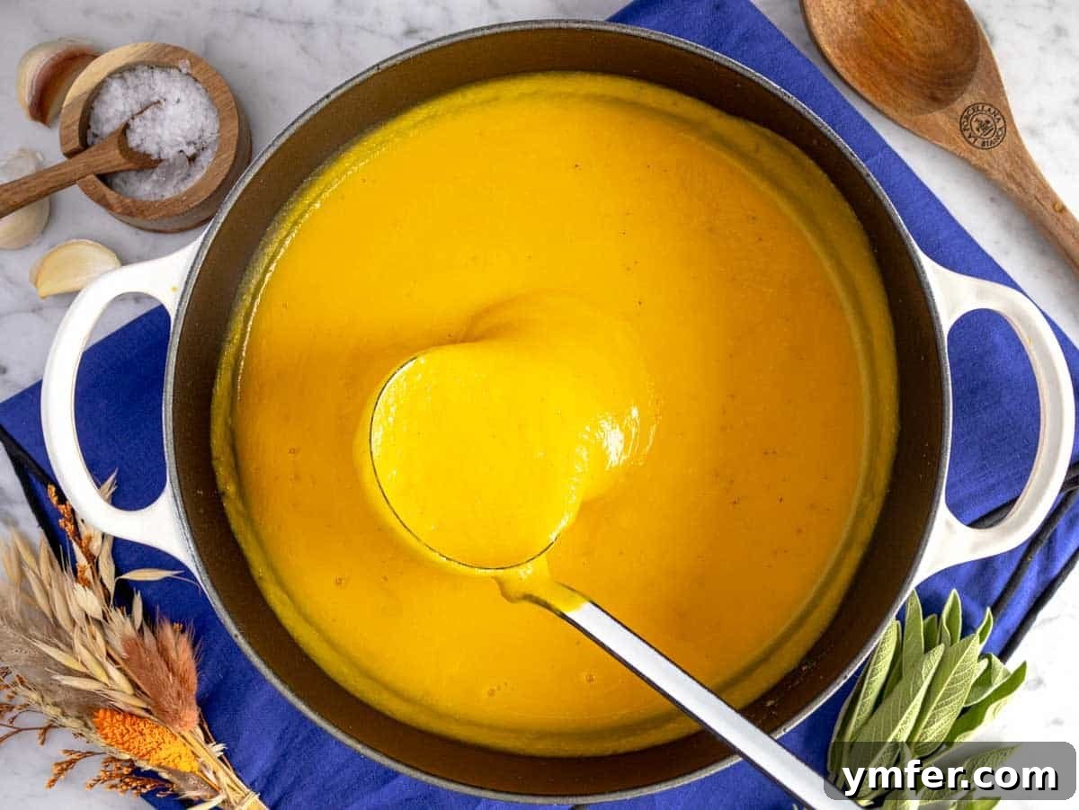 Velvet Butternut Comfort 8 Creamy butternut squash soup in a Dutch oven with a subtle swirl pattern