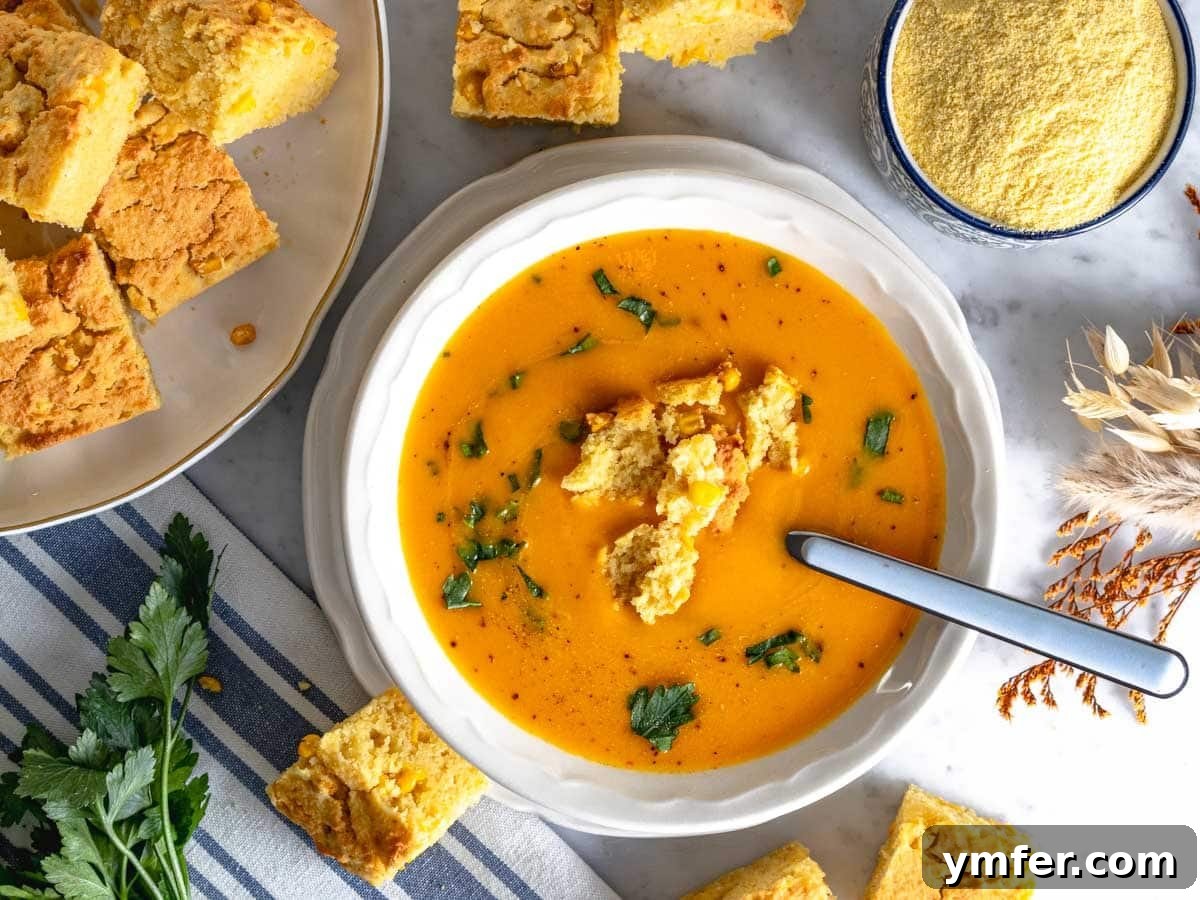 Velvet Butternut Comfort 9 Vegan cornbread served alongside a bowl of butternut squash soup