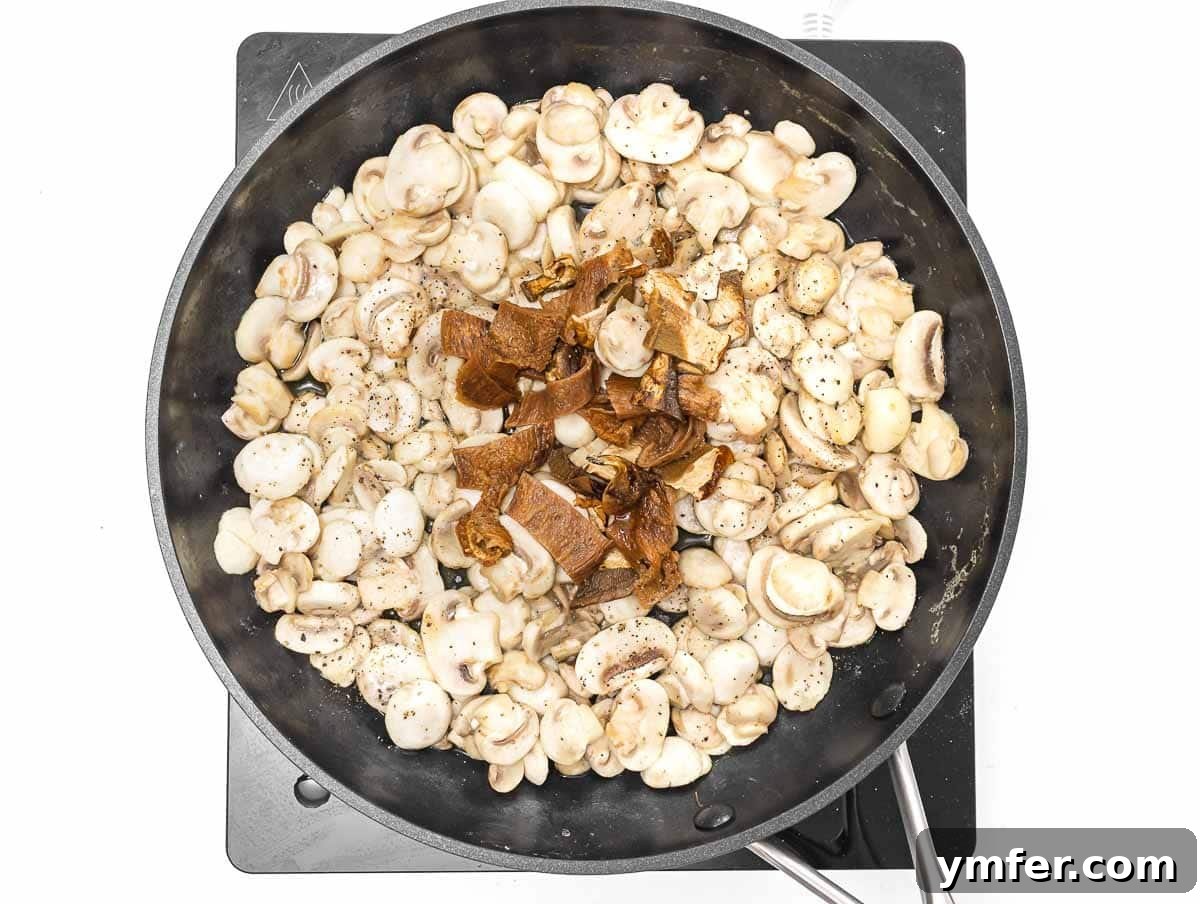 Flavorful Tofu Mushroom Medley 8 Soaked porcini mushrooms and their liquid added to the skillet with fresh mushrooms.