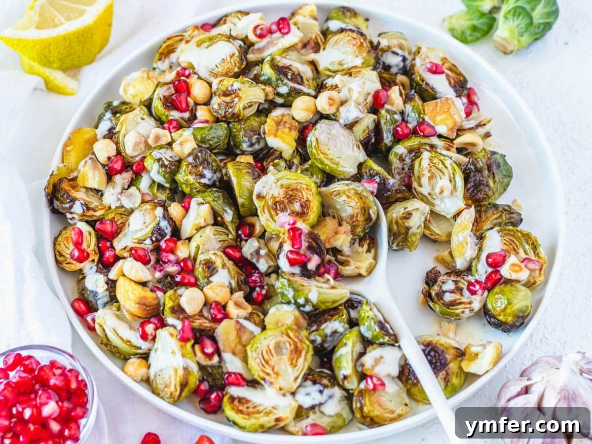 Crispy Roasted Brussels Sprouts 13 Roasted Brussels sprouts with tahini sauce and chestnuts, a festive and rich variation.