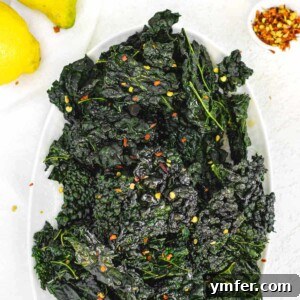 Crispy Kale chip with red pepper flakes and lemon zest