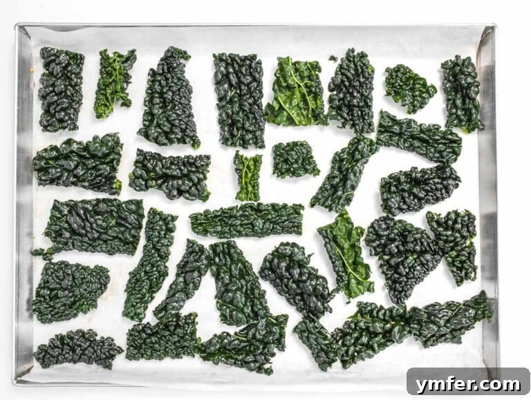 Kale Crunch 16 Kale leaves spread on baking tray