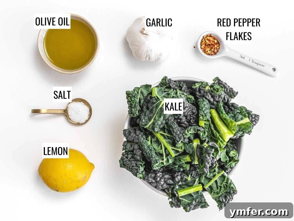 Kale Crunch 4 Ingredients laid out for making Kale chips: fresh kale, olive oil, salt, garlic, lemon, red pepper flakes