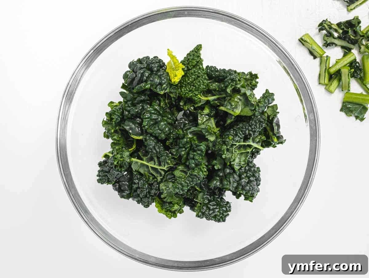 Kale Crunch 8 Cleaned and de-stemmed kale in a bowl, ready for oiling