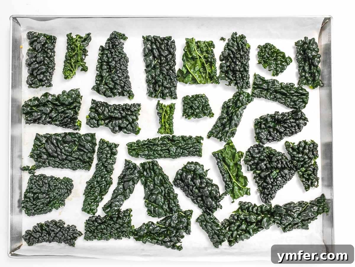 Kale Crunch 9 Kale leaves neatly arranged on a baking tray, spaced for optimal crisping