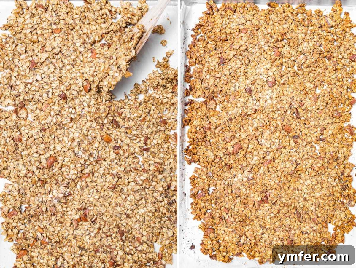 Step 2 for homemade granola: spreading and compacting on a baking sheet.