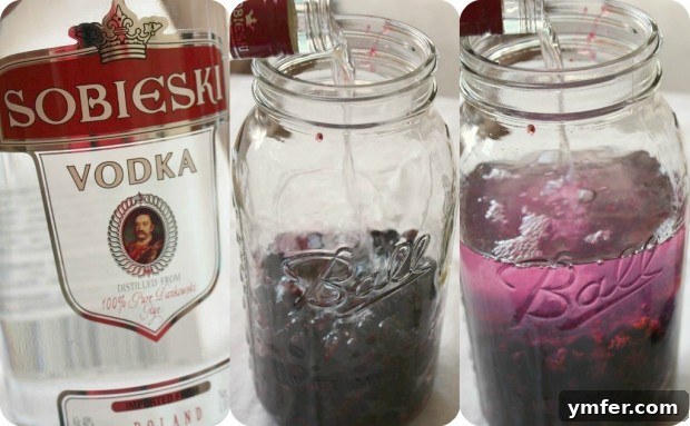 A stream of vodka being poured over mashed blackcurrants in a glass jar, initiating the infusion process.