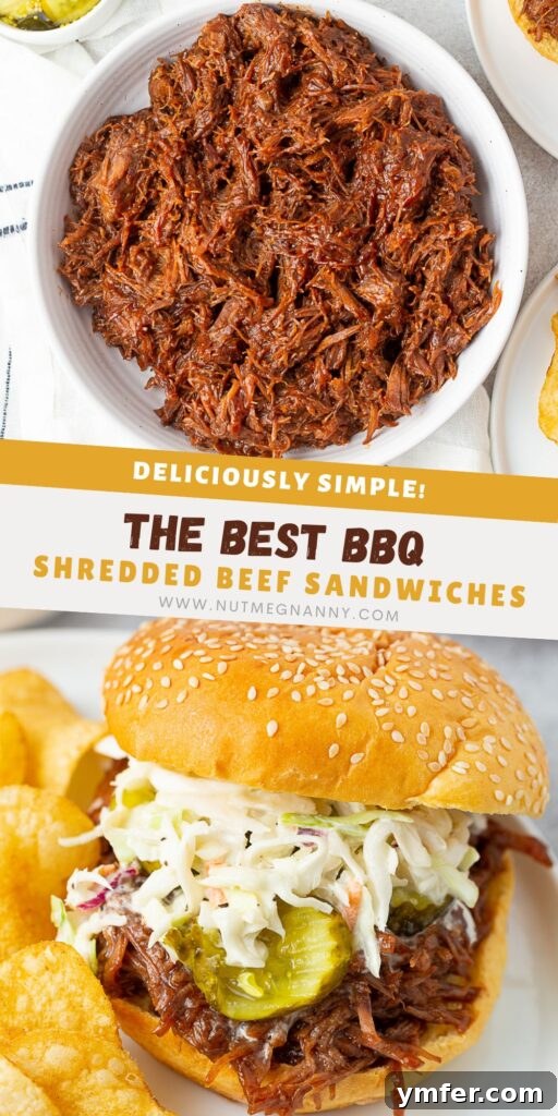 Smoky Pulled Beef Sandwiches 8 BBQ Shredded Beef pin for Pinterest, featuring a prepared sandwich.