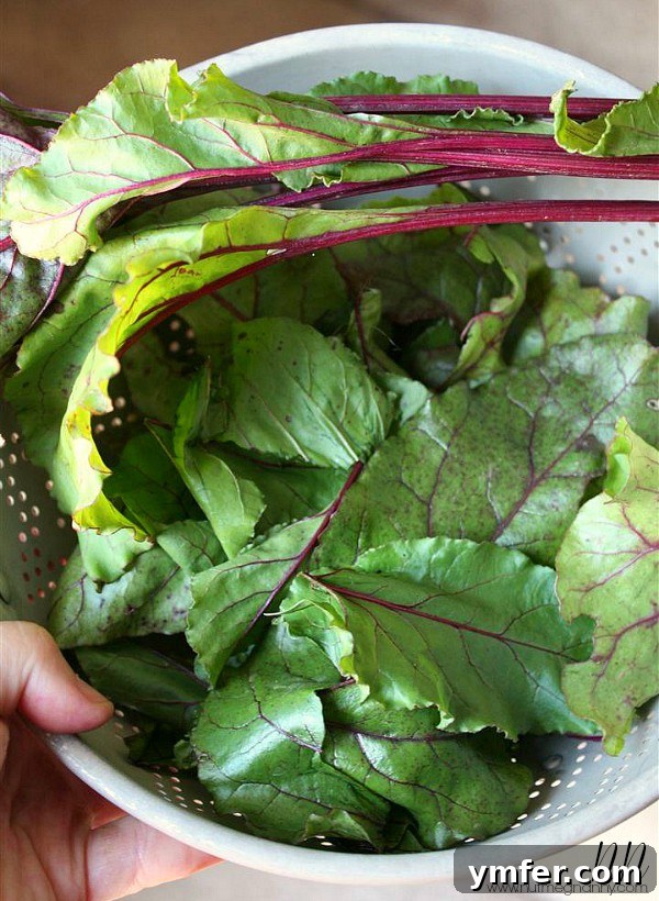 Beet Green Pesto by Nutmeg Nanny Freshly blanched beet greens in a strainer, vibrant and ready for pesto.