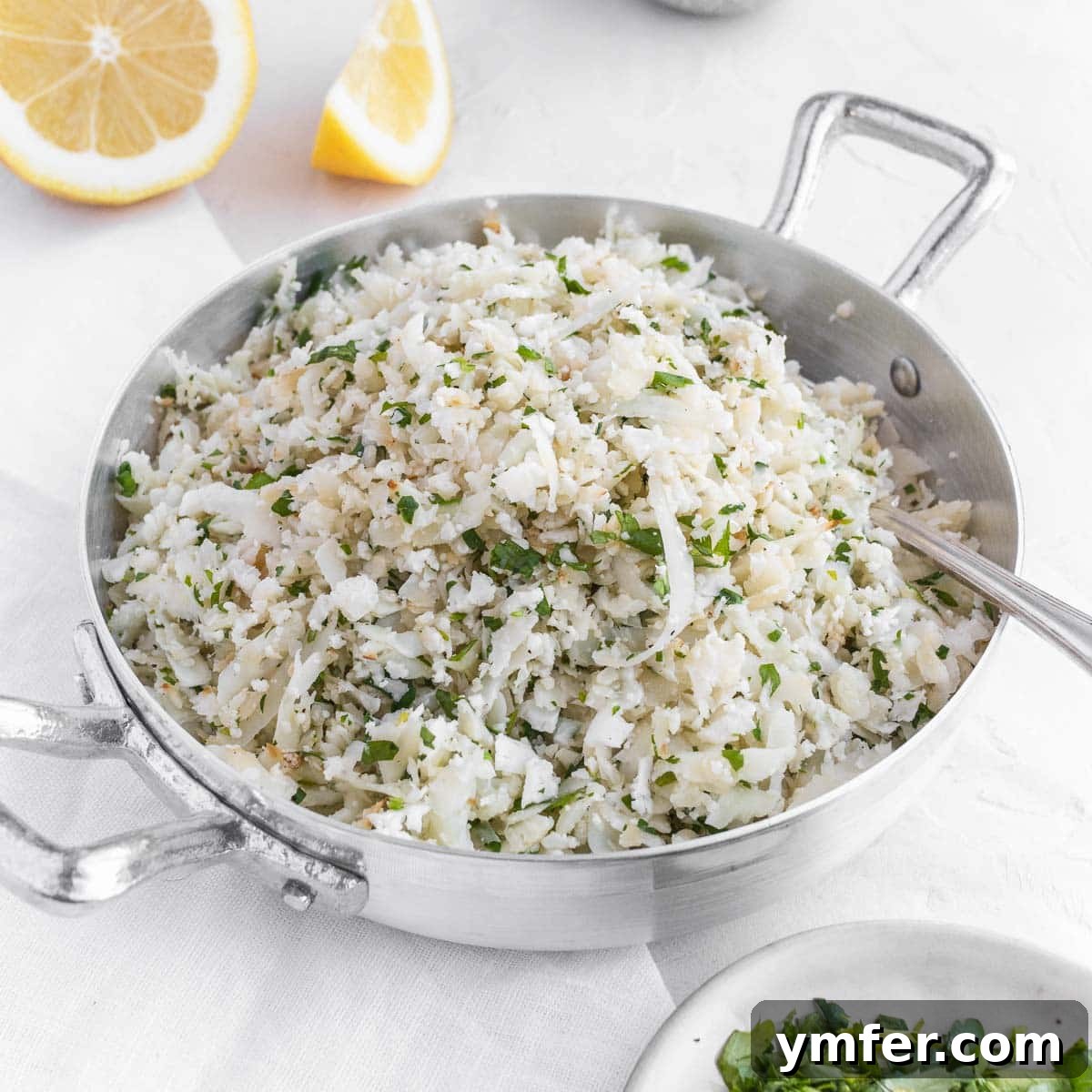 Zesty Plant-Based Lemon Squares 24 Fresh cauliflower rice seasoned with vibrant parsley and zesty lemon, a light and healthy side dish.