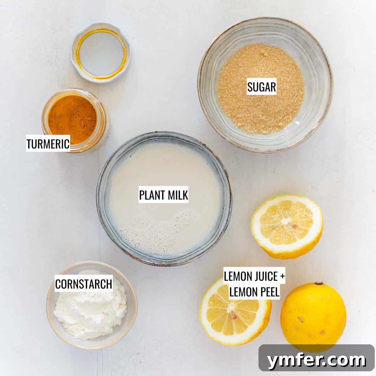 Zesty Plant-Based Lemon Squares 5 Ingredients for creamy vegan lemon curd, featuring fresh lemons, plant milk, cornstarch, and turmeric for color.