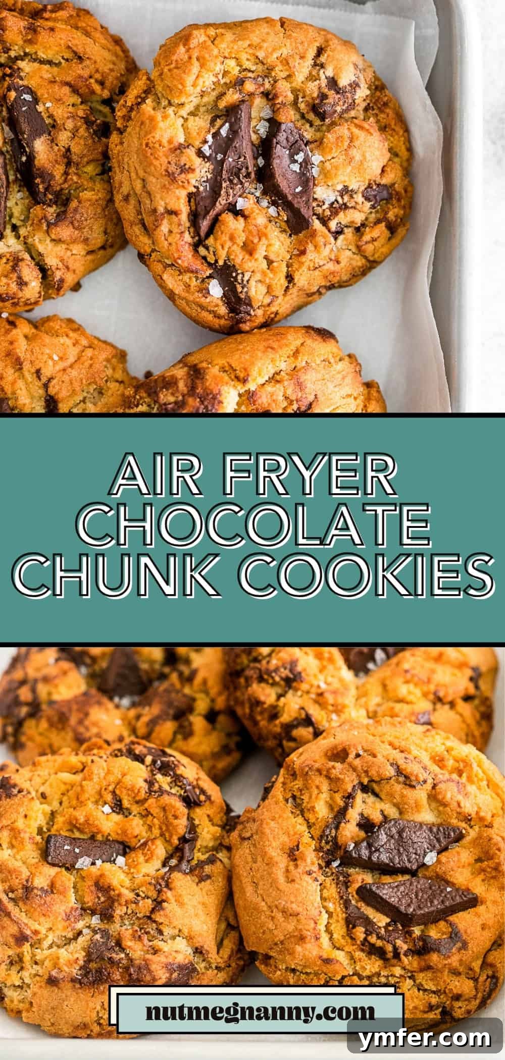 Long pin image for Pinterest featuring golden brown air fryer chocolate chip cookies on a baking sheet, with text overlay for easy sharing.