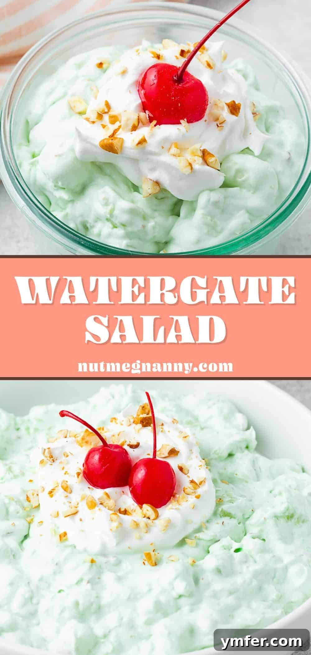 Emerald Pineapple Dream 8 Watergate Salad long pin for Pinterest. A vertical image of the dessert with recipe title.
