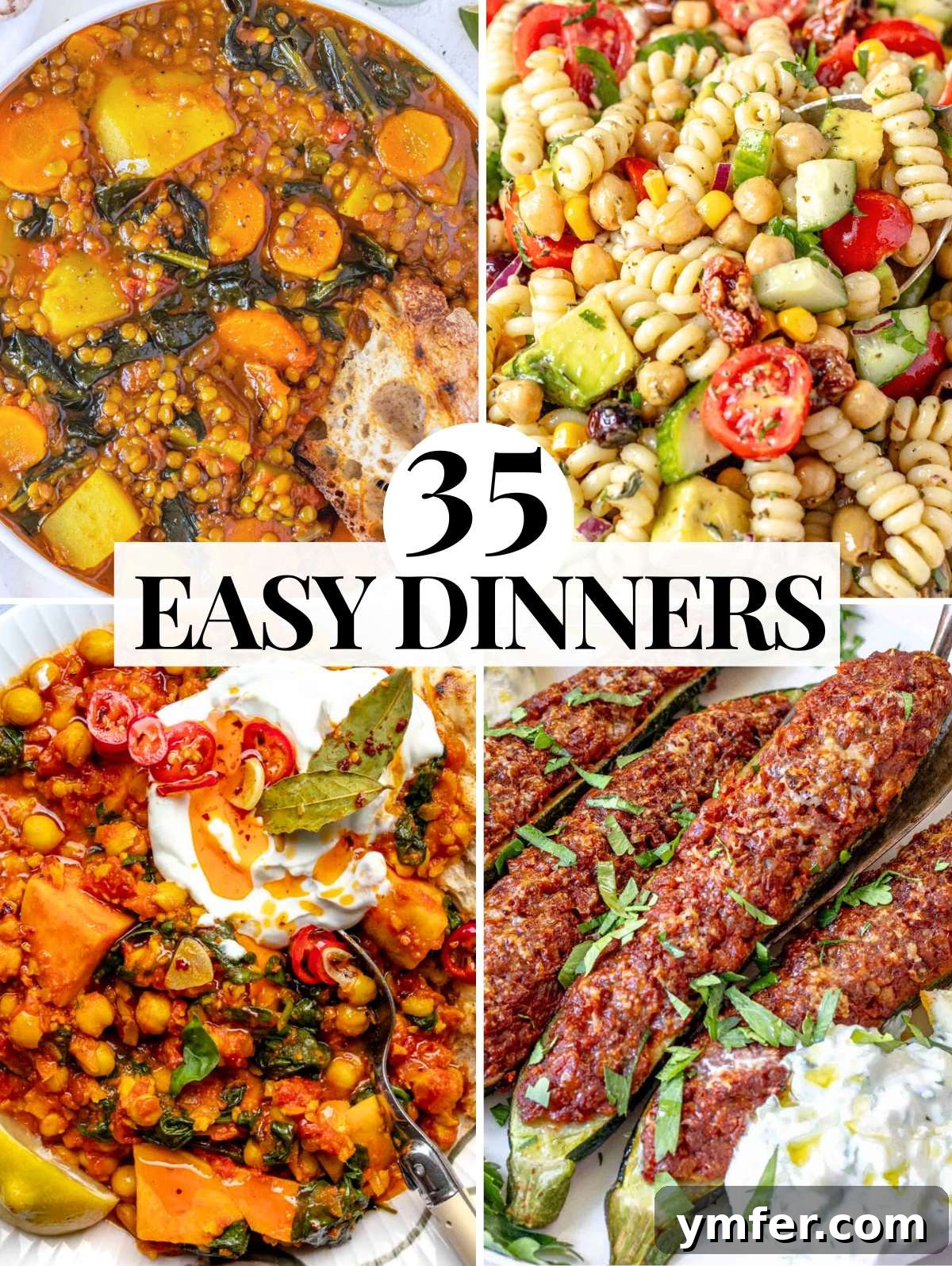 35 Stress-Free Dinner Recipes 2 Easy dinner recipes with pasta, soups, and stuffed vegetables, featuring a colorful selection of healthy meals