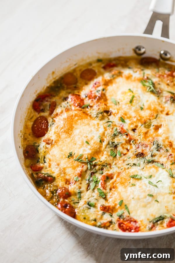 Rustic Bruschetta Egg Bake 3 Bruschetta Baked Eggs simmering in a cast iron skillet with vibrant red tomatoes and green herbs.