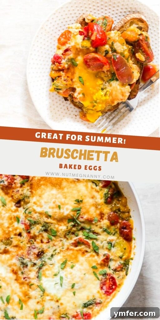 Rustic Bruschetta Egg Bake 7 Bruschetta Baked Eggs Pinterest pin showing the dish with toast and herbs.
