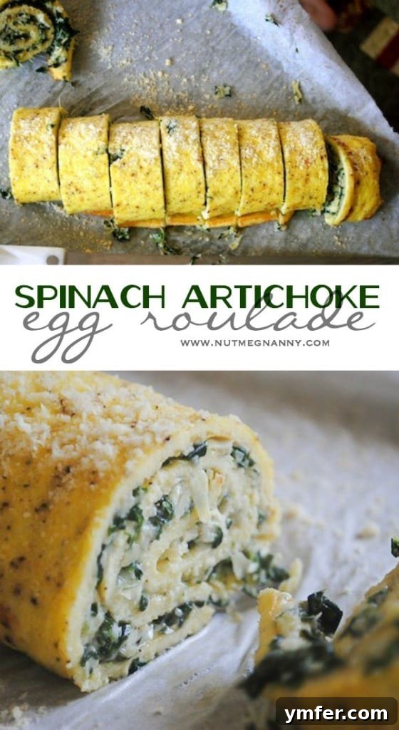 Swirled Spinach Artichoke Egg Roll 6 Spinach Artichoke Egg Roulade pin for Pinterest. A collage showing the whole roulade and sliced portions, emphasizing its appealing presentation.