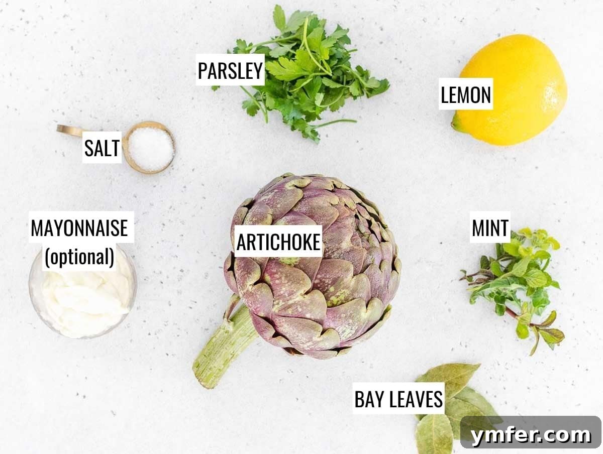 A vibrant selection of ingredients for steamed artichokes, including fresh artichokes, lemons, and herbs.