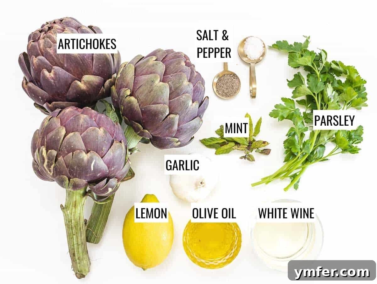 Rome's Signature Artichokes 4 Ingredients for braised artichokes laid out