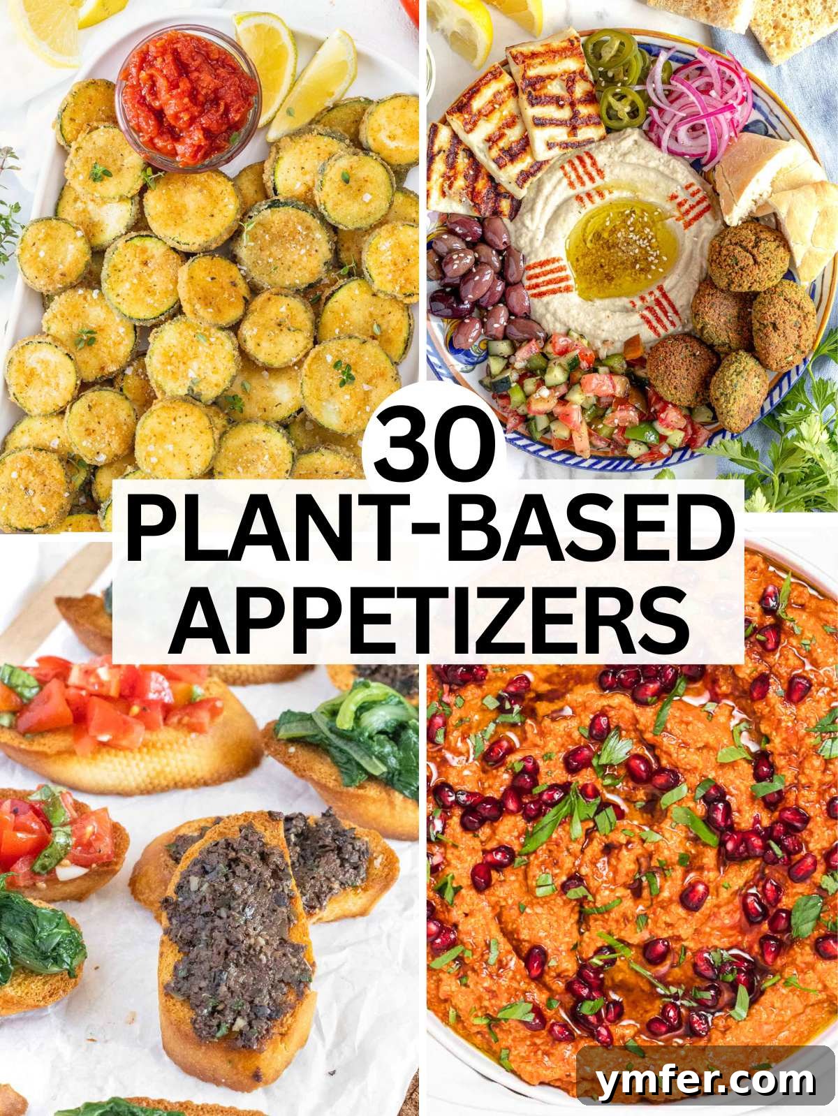 30 Crowd-Pleasing Vegan Starters 2 A diverse spread of plant-based and vegan appetizers, featuring colorful dips, fresh vegetables, and toasted bread slices.