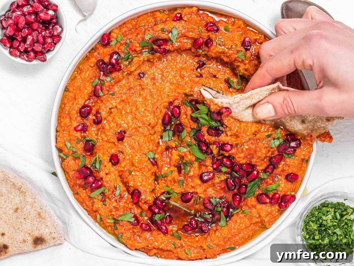 30 Crowd-Pleasing Vegan Starters 16 Rich Muhammara dip, shown with a hand scooping it with bread.