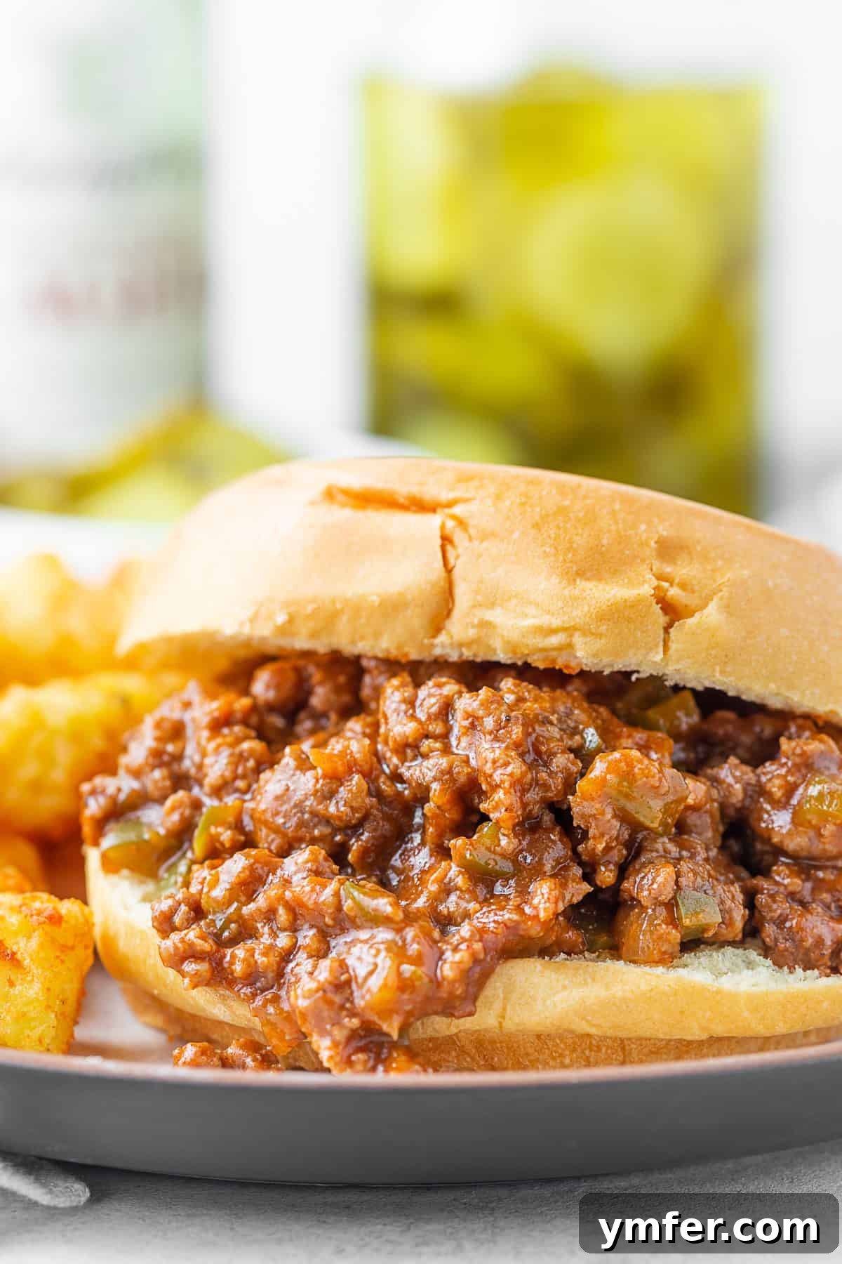 Irresistibly Messy Homemade Joes 5 Plated Homemade Sloppy Joes with tater tots.