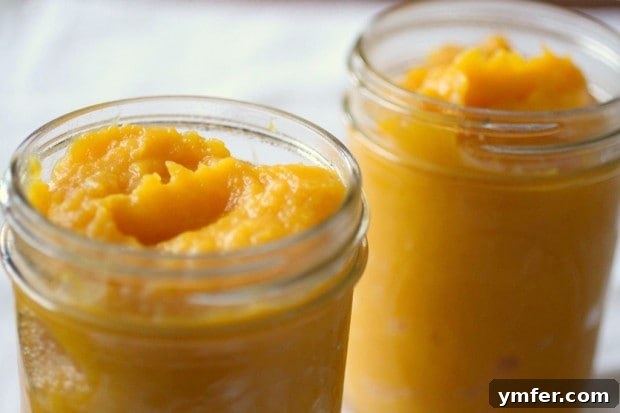 Homemade Pumpkin Puree by Nutmeg Nanny Scooped pumpkin flesh in a food processor, ready for blending.