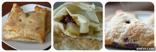 Collage of pumpkin butter turnovers showing the steps from filling to baked, golden brown pastries