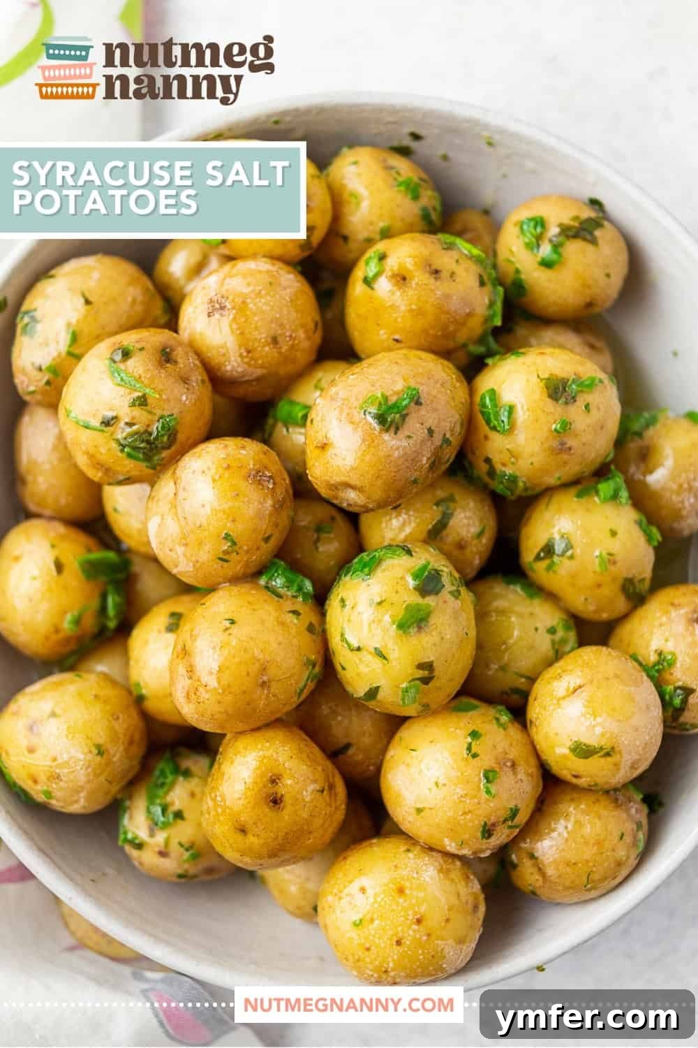 Syracuse Salt Potatoes graphic pin image for Pinterest showcasing ingredients and final dish.