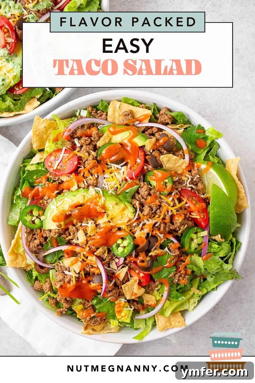 Speedy Taco Salad Delight 8 Easy Taco Salad graphic pin for social media sharing, square format.