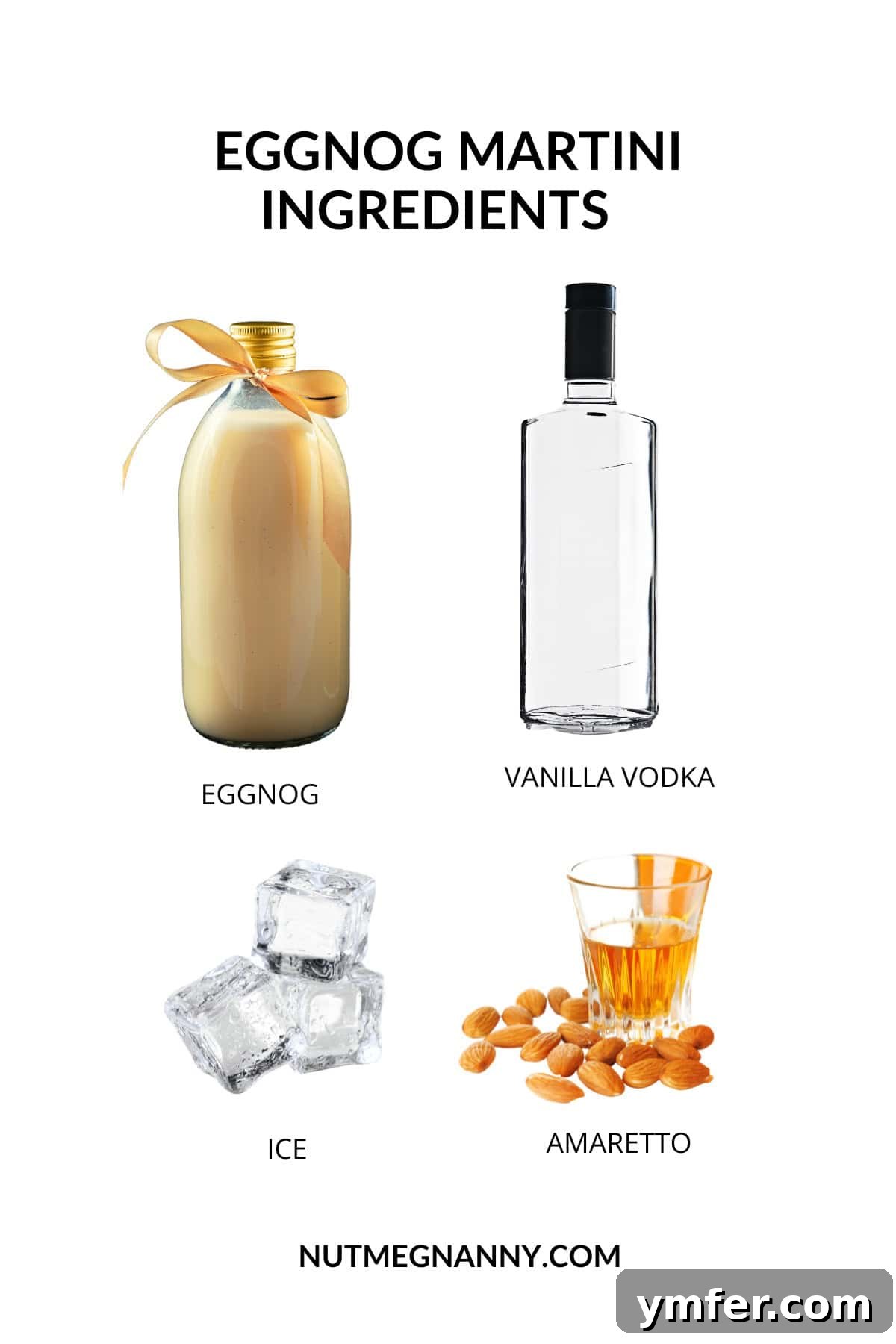 Holiday Cheer Martini 3 Close-up photo displaying the three main ingredients for an Eggnog Martini: a carton of eggnog, a bottle of vanilla vodka, and a bottle of amaretto liqueur, ready for mixing.
