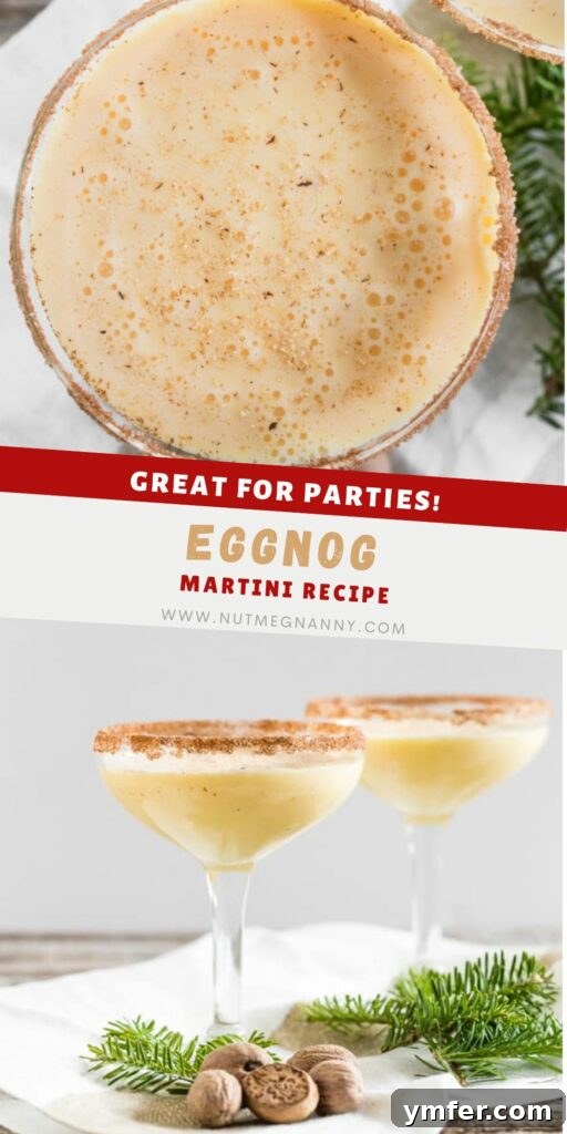 Holiday Cheer Martini 8 Pinterest Pin image for Eggnog Martini. A visually appealing graphic with a photo of the drink and recipe title for easy sharing on Pinterest.