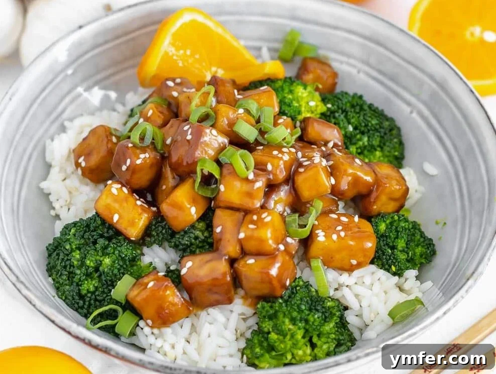 Zesty Orange Tofu 15 orange tofu with steamed broccoli on rice