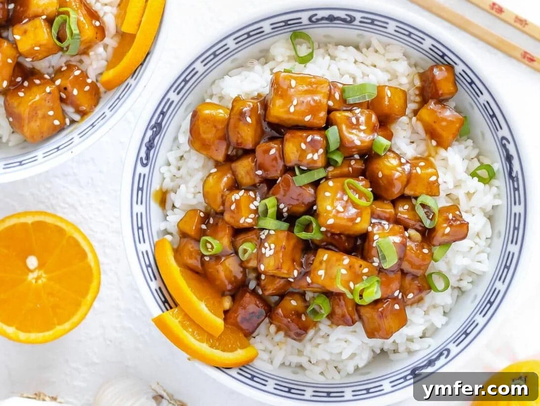 Zesty Orange Tofu 4 orange tofu served with rice and green onion on top