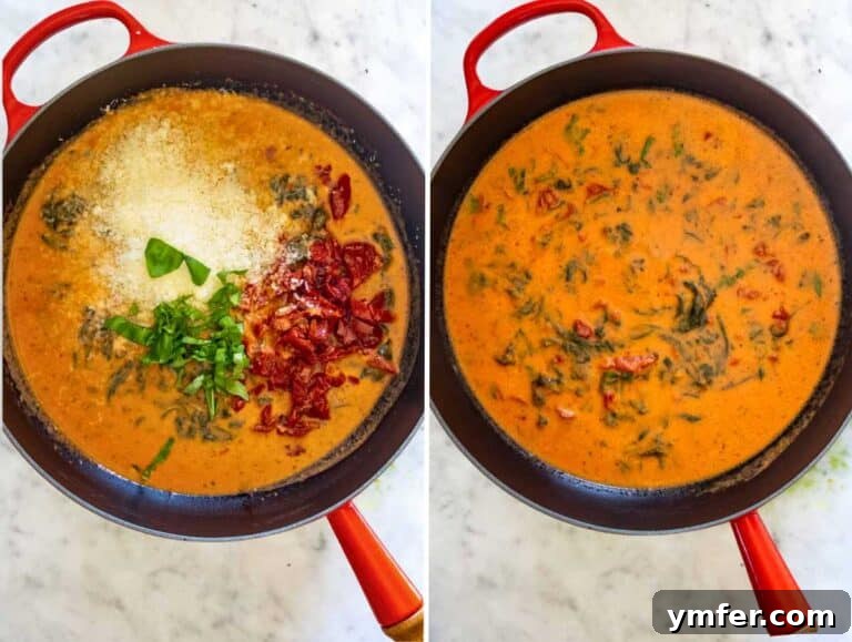 Creamy marry me sauce in a skillet.