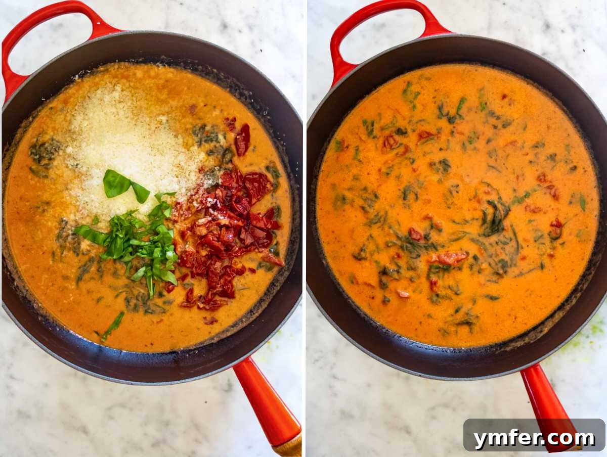 Creamy sun-dried tomato marry me sauce simmering in a skillet.