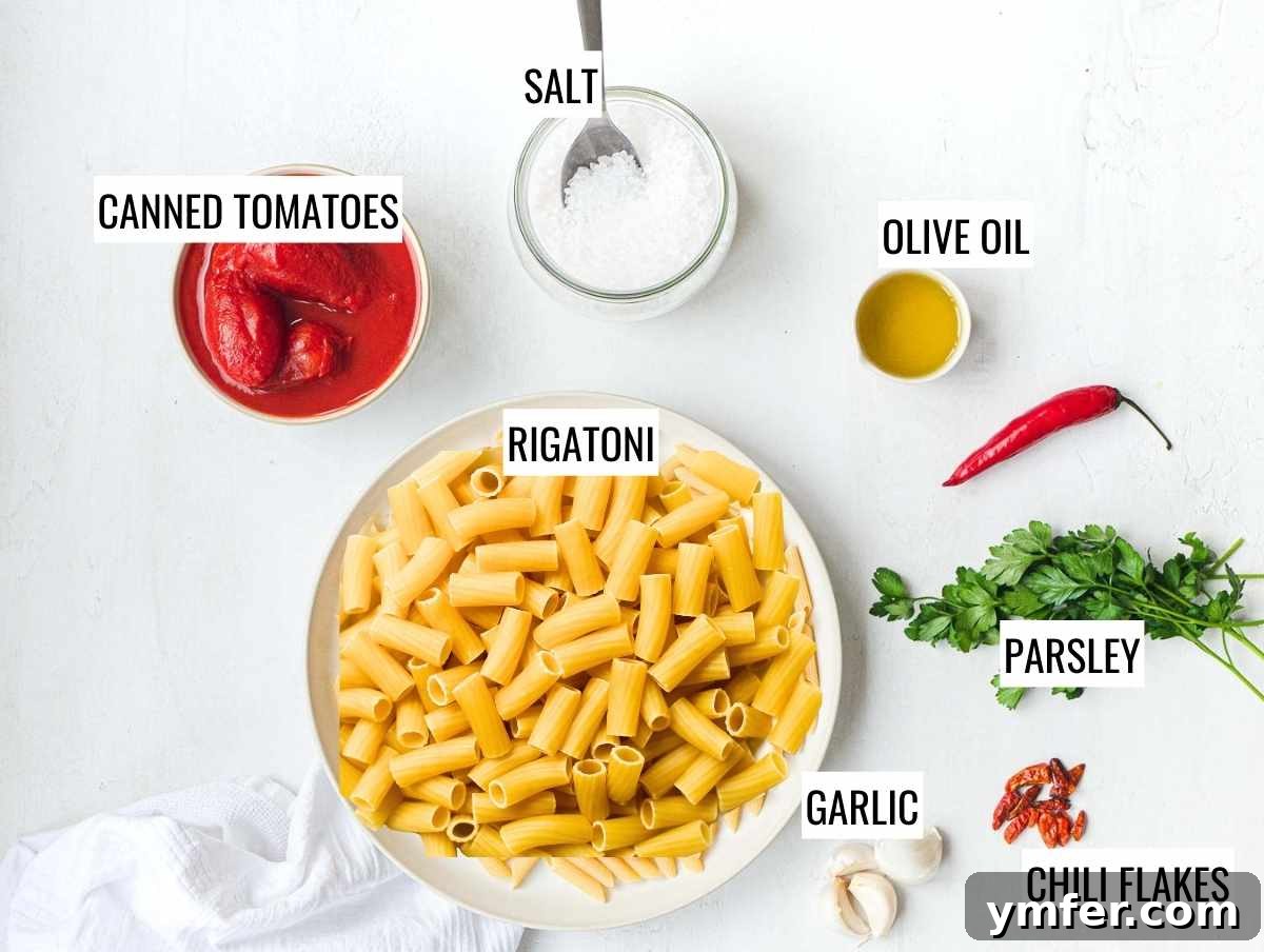 Fiery Rigatoni 4 Rigatoni arrabbiata ingredients laid out on a wooden surface