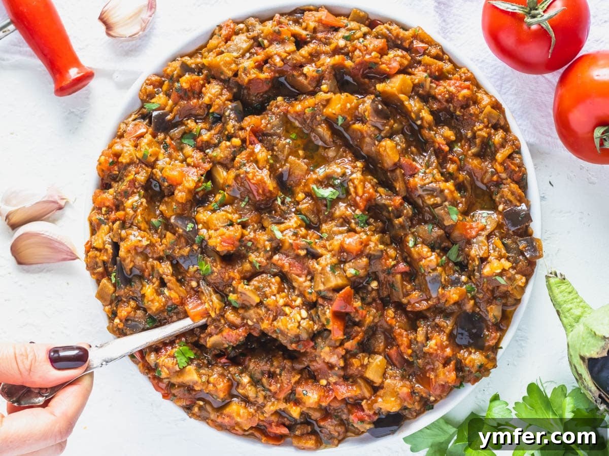 45 Delightful Vegetable Sides 11 Zaalouk on a plate with tomatoes and parsley on the side