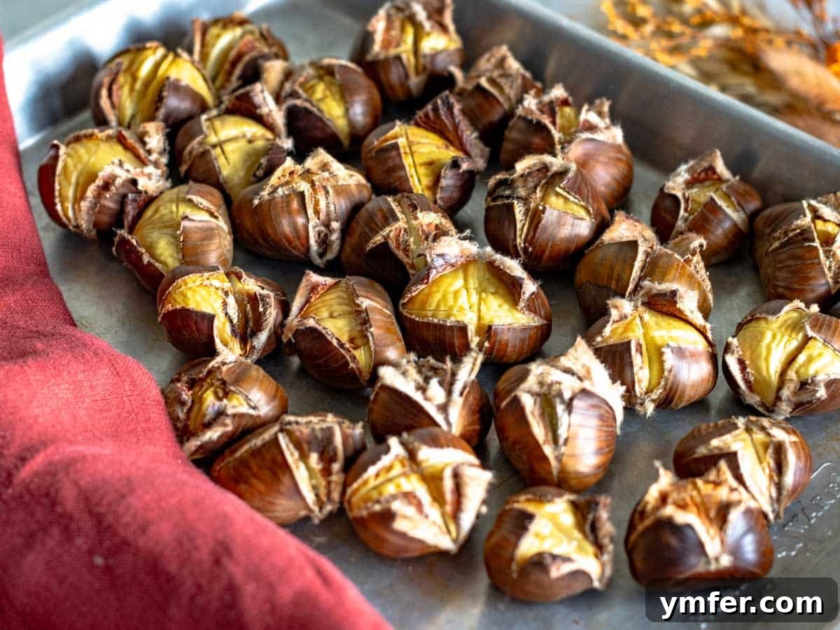 45 Delightful Vegetable Sides 12 roasted chestnuts on a silver baking tray