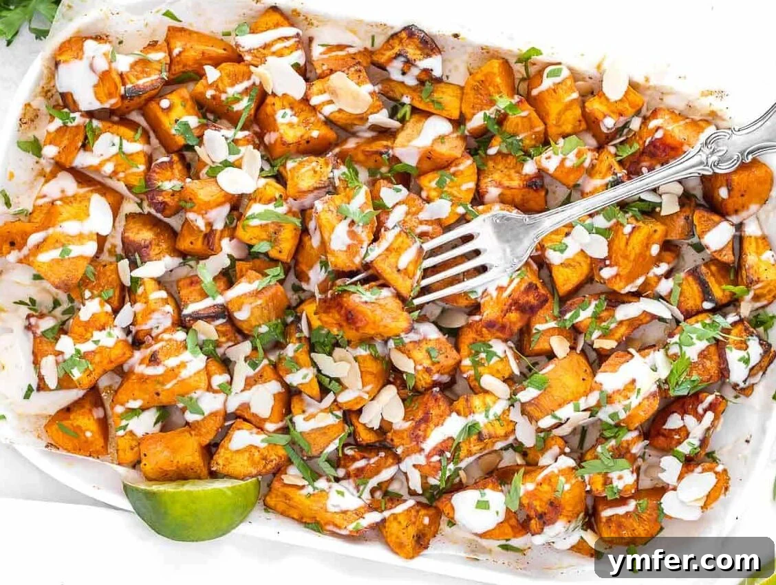 45 Delightful Vegetable Sides 13 roasted sweet potato cubes drizzled with tahini sauce and parsley